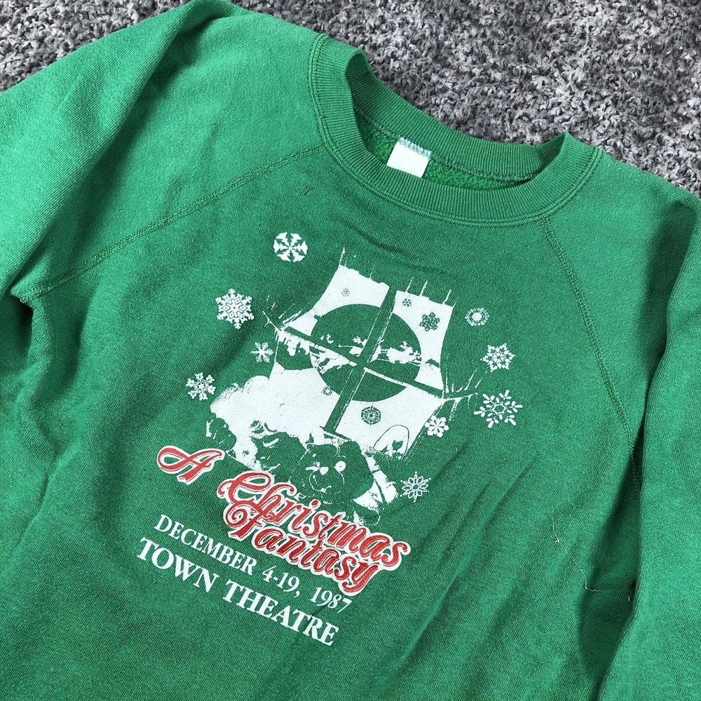 Vintage Christmas Fantasy Town Theatre Sweatshirt Mens Medium Green 1987 Graphic